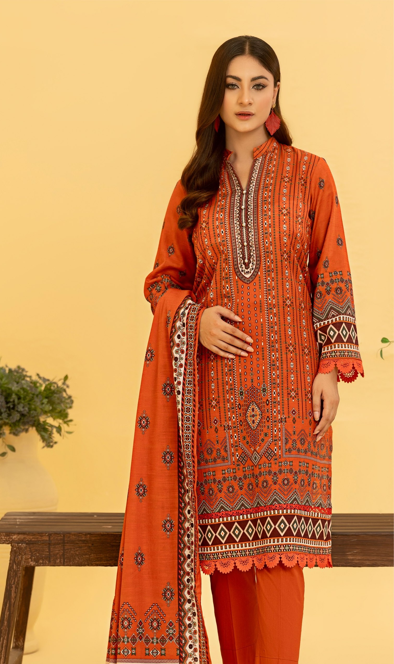 RANGREZA Printed Khaddar 3PC Suit – Airjet winter fabric with shirt, dupatta, and trouser by Allhamdullah, at Shahbaz Fabric Store.