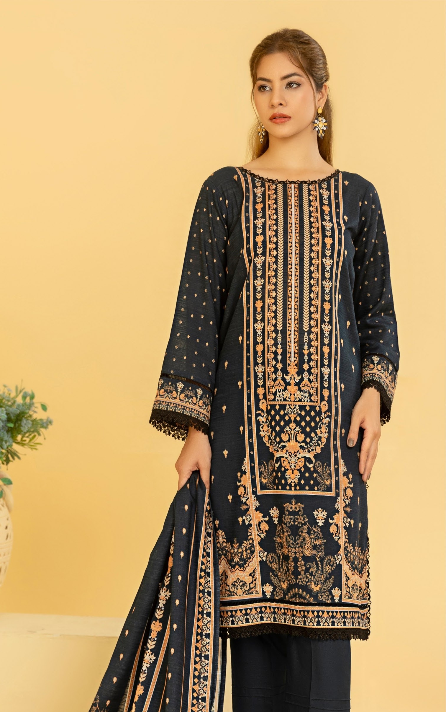 RANGREZA Printed Khaddar 3PC Suit – Airjet winter fabric with shirt, dupatta, and trouser by Allhamdullah, at Shahbaz Fabric Store.