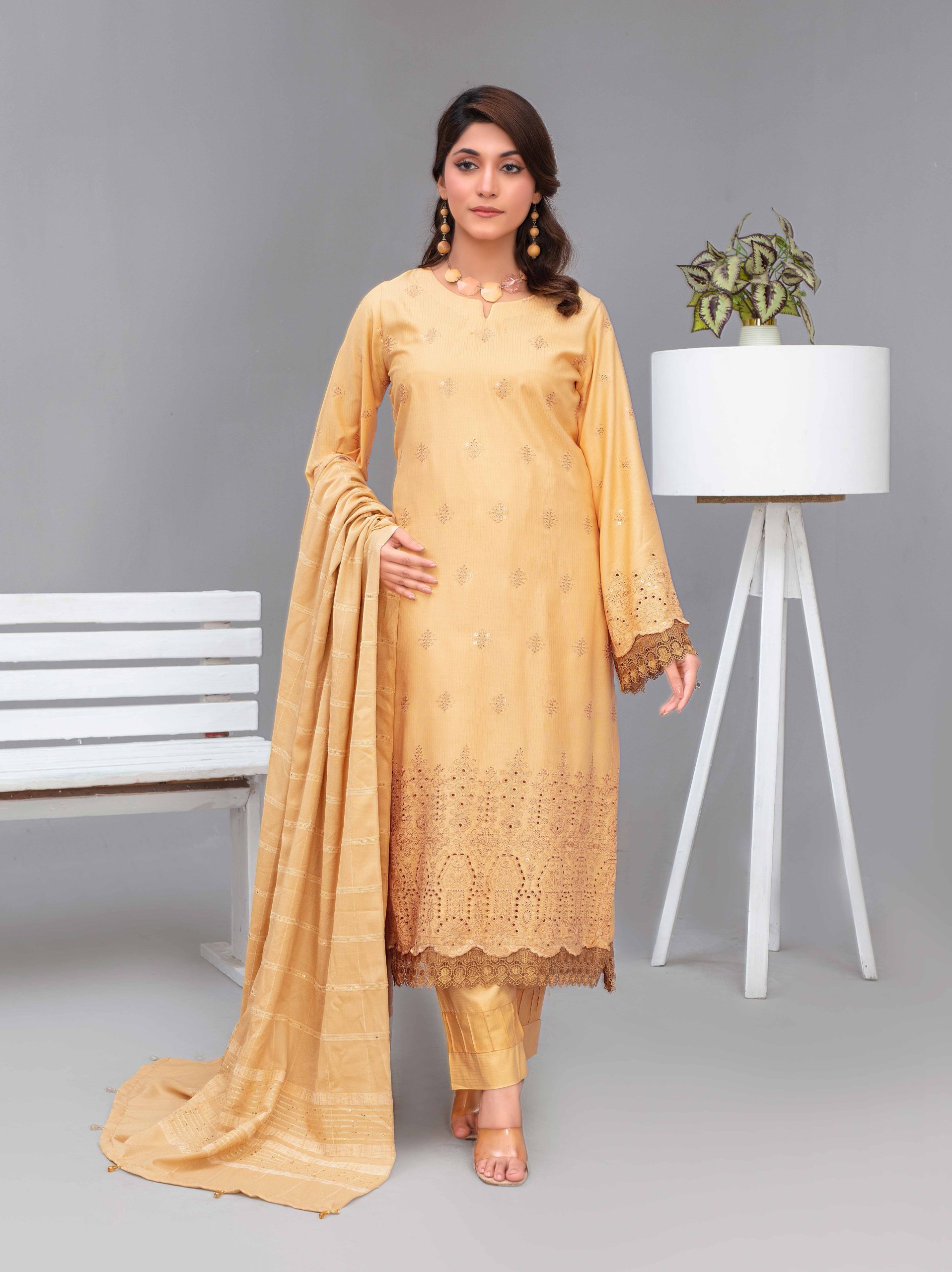 Nikhar by Fiza Noor embroidered Bana Dora Linen 3PC suit with velvet shawl and dyed trouser – wholesale winter collection