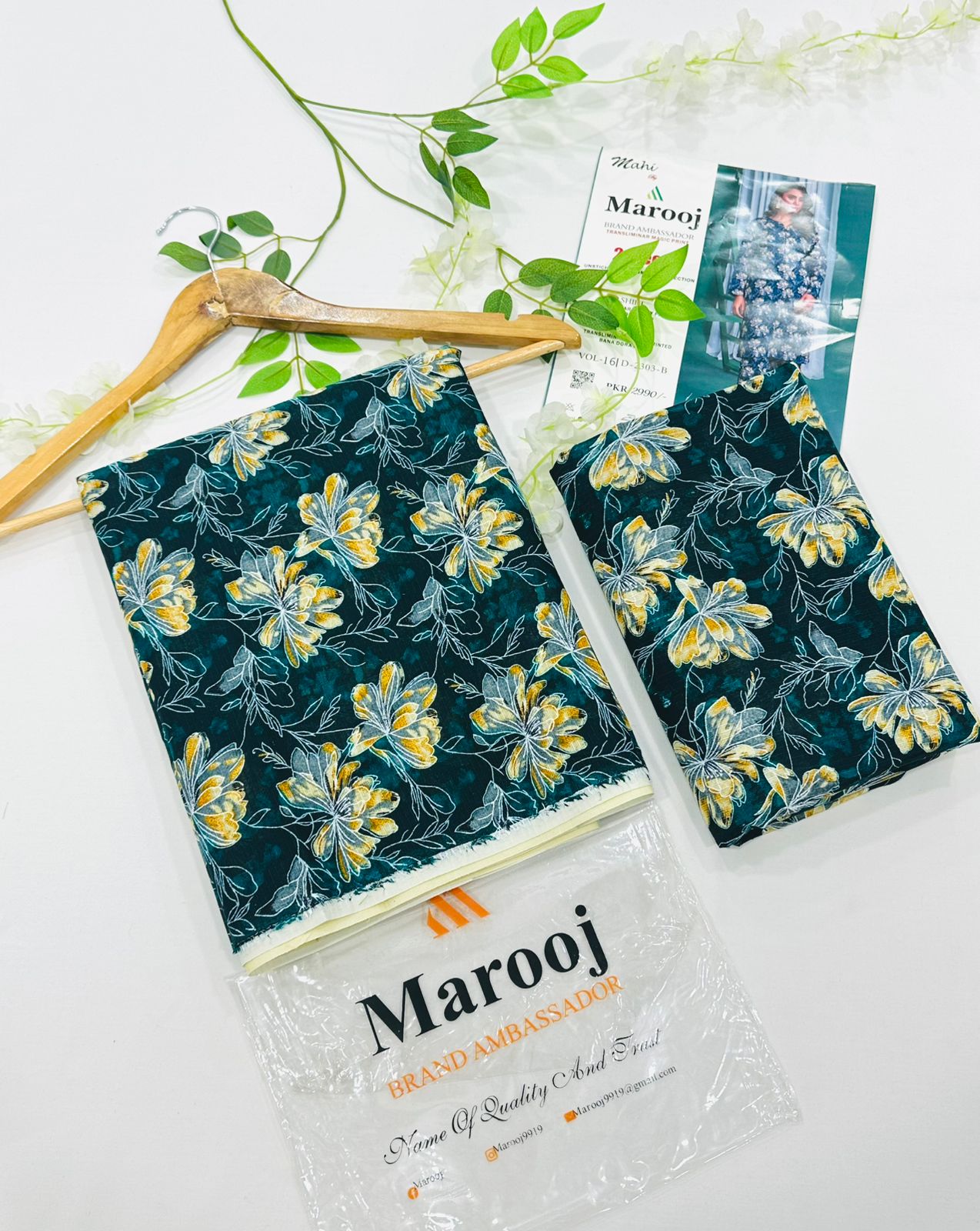 MAROOJ Bana Dora lawn suit with shirt and trouser – unstitched summer collection from Shahbaz Fabric Store