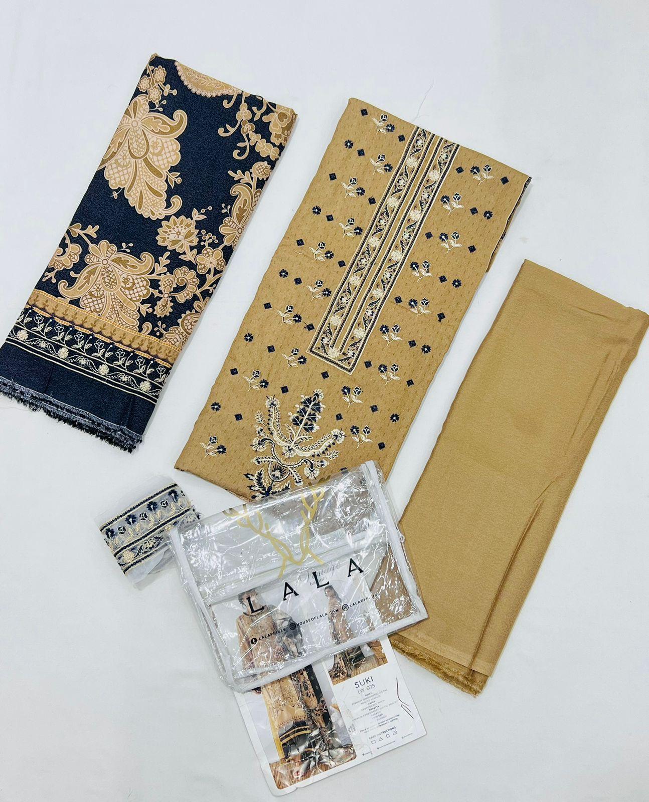 LALA by Vintage Karandi 3PC embroidered winter suit with pashmina shawl and plain trouser available at Shahbaz Fabric Store - wholesale Pakistani suits