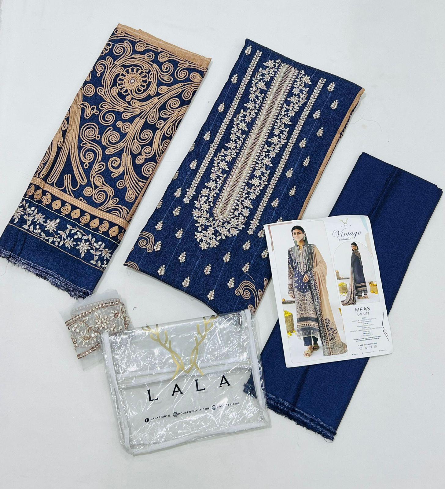 LALA by Vintage Karandi 3PC embroidered winter suit with pashmina shawl and plain trouser available at Shahbaz Fabric Store - wholesale Pakistani suits