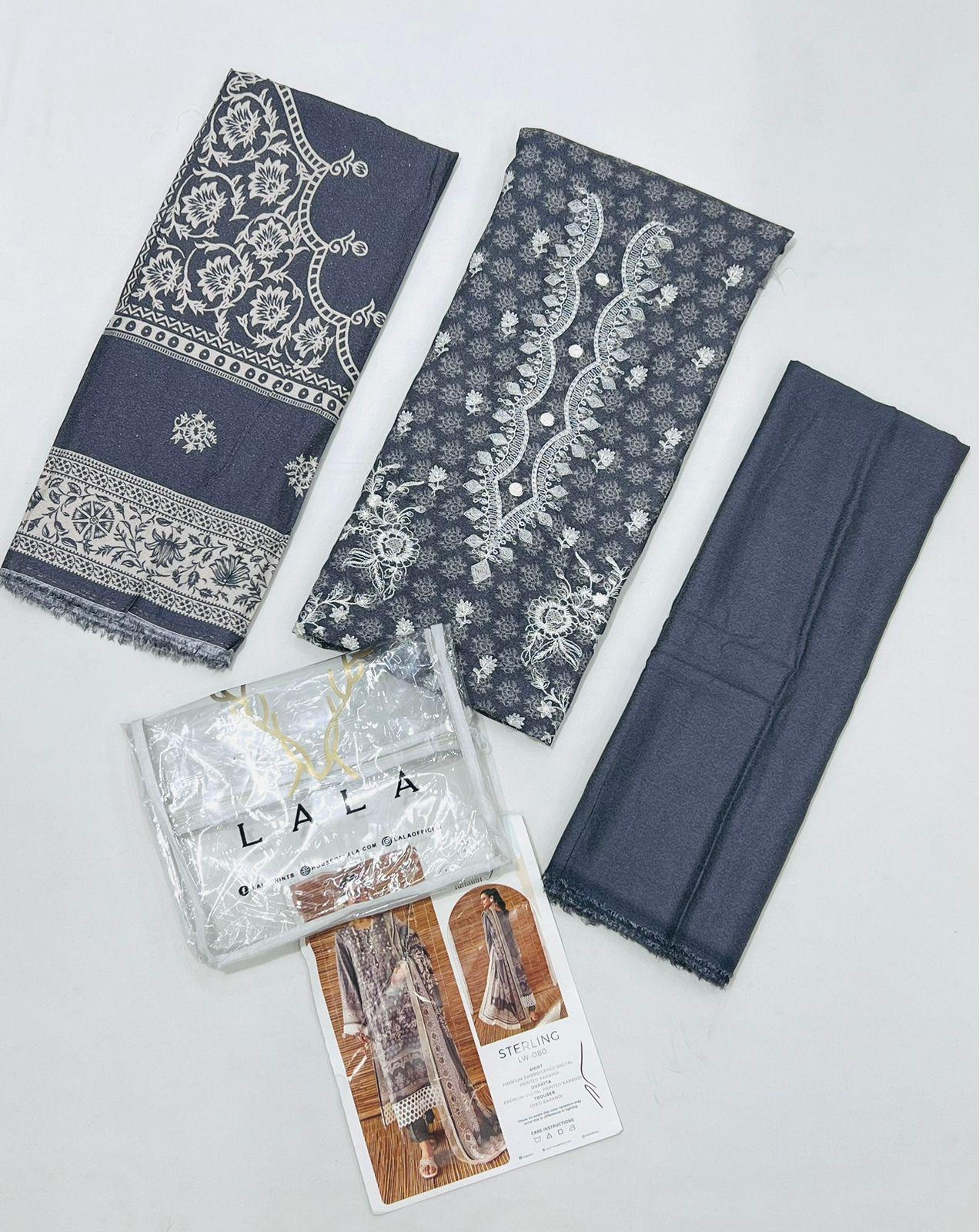 LALA Karandi by Vintage 3PC embroidered winter suit with pashmina shawl and plain trouser available at Shahbaz Fabric Store - wholesale Pakistani suits