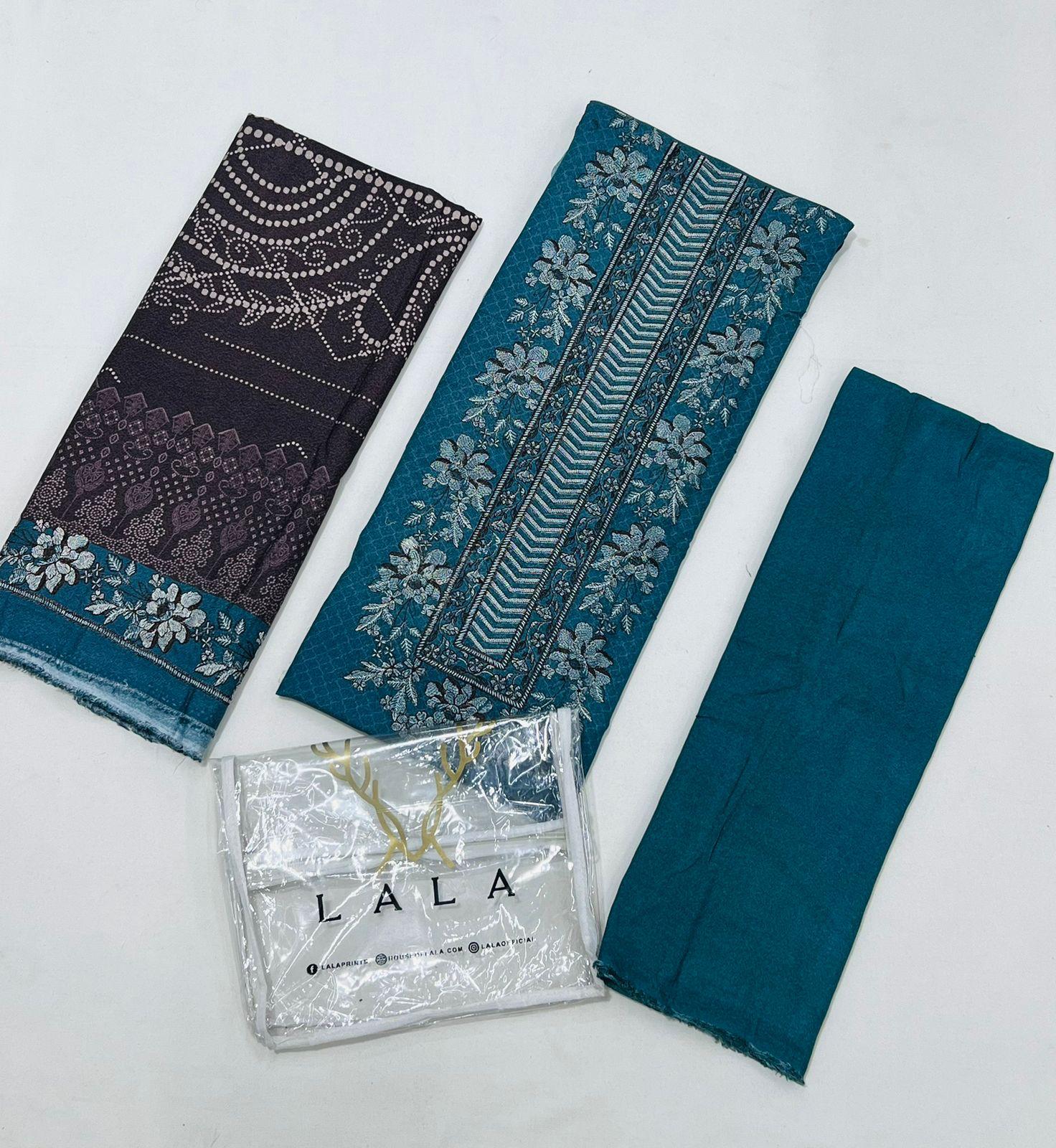 LALA by Vintage Karandi 3PC embroidered winter suit with pashmina shawl and plain trouser available at Shahbaz Fabric Store - wholesale Pakistani suits