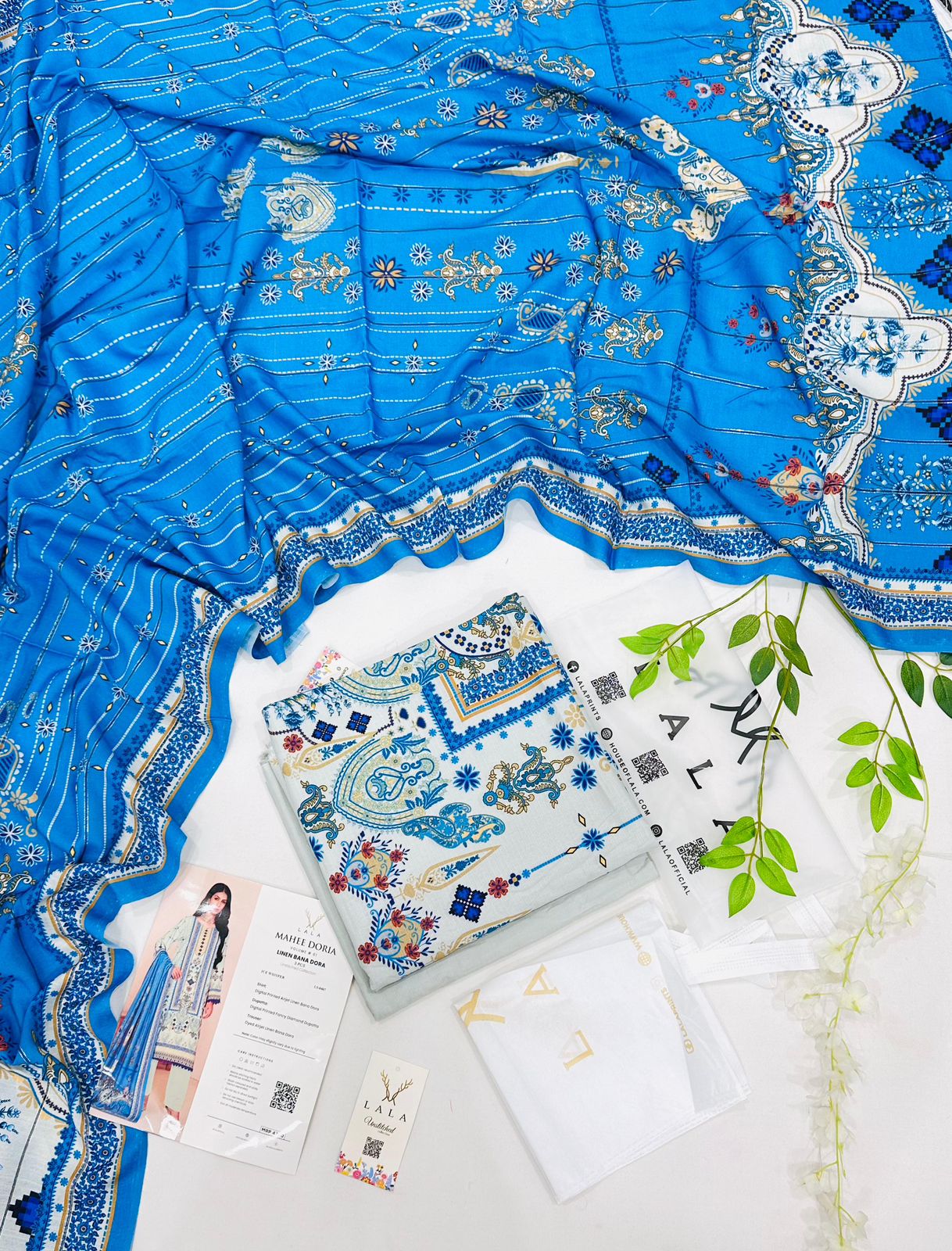 LALA Airjet Mahee Doria 3PC Unstitched Linen Suit with premium fabric and elegant winter design displayed on showcase.