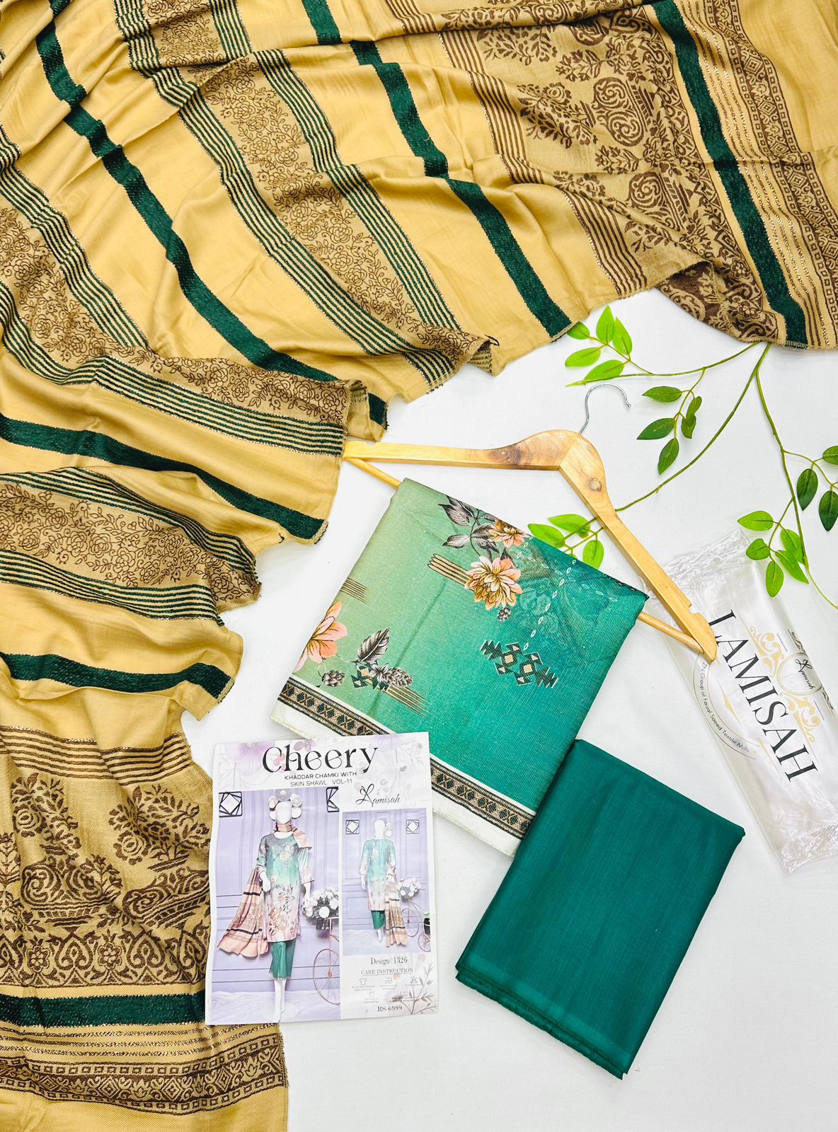 Cheery Khaddar Chamki Shawl 3PC Unstitched Winter Suit with embroidered khaddar shirt, plain trouser, and matching shawl