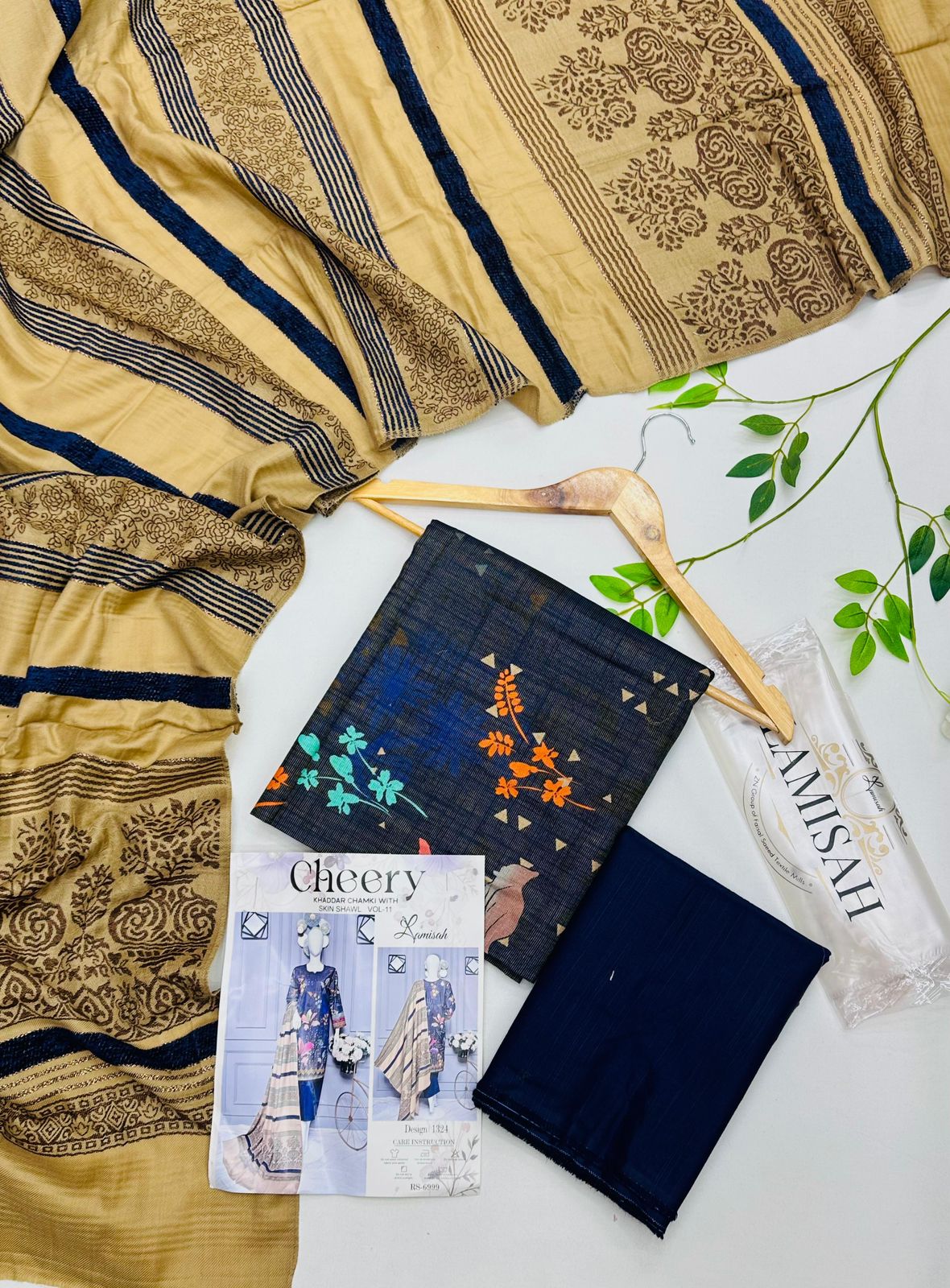 Cheery Khaddar Chamki Shawl 3PC Unstitched Winter Suit with embroidered khaddar shirt, plain trouser, and matching shawl