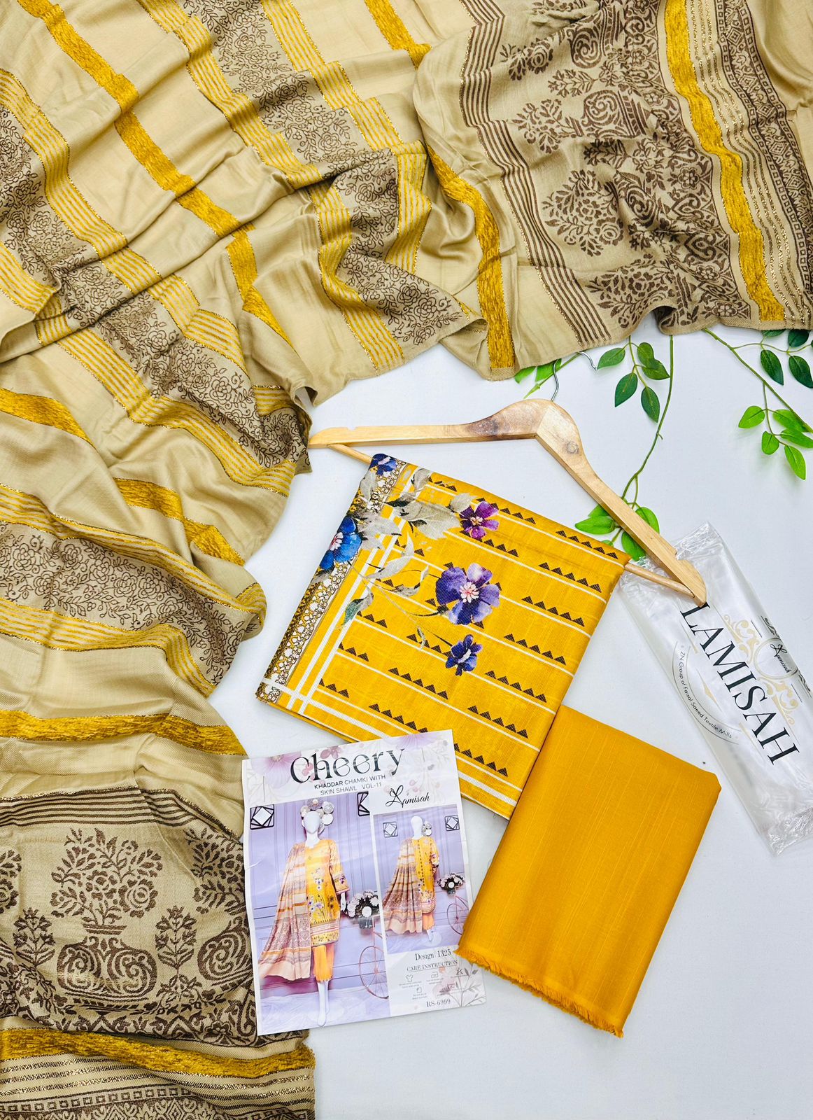 Cheery Khaddar Chamki Shawl 3PC Unstitched Winter Suit with embroidered khaddar shirt, plain trouser, and matching shawl