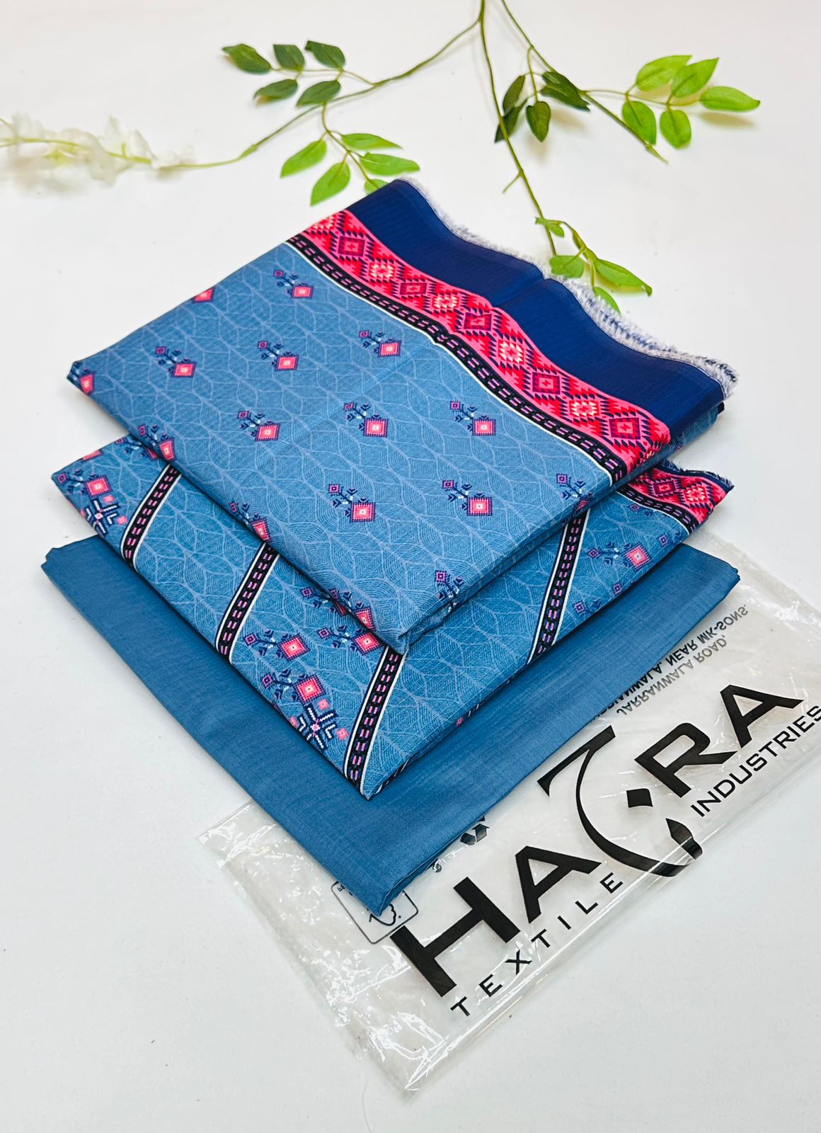 Hajra Viscose 3PC Unstitched Winter Suit – embroidered viscose shirt, plain trouser, and printed dupatta