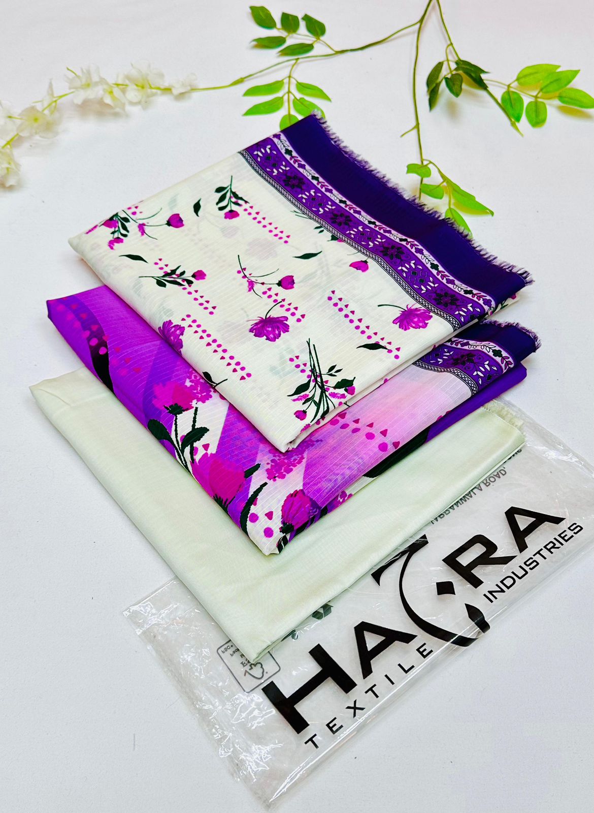Hajra Viscose 3PC Unstitched Winter Suit – embroidered viscose shirt, plain trouser, and printed dupatta