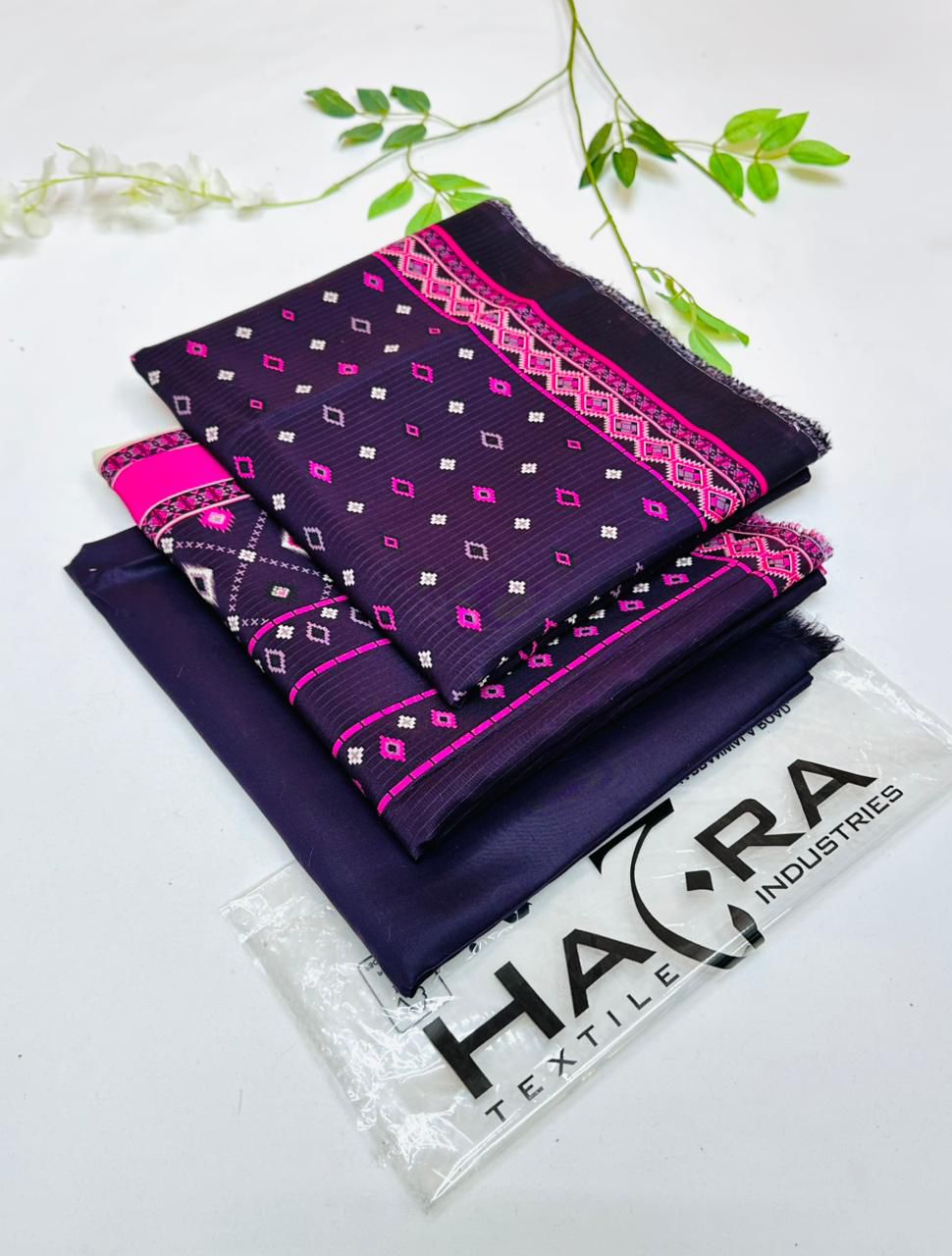 Hajra Viscose 3PC Unstitched Winter Suit – embroidered viscose shirt, plain trouser, and printed dupatta