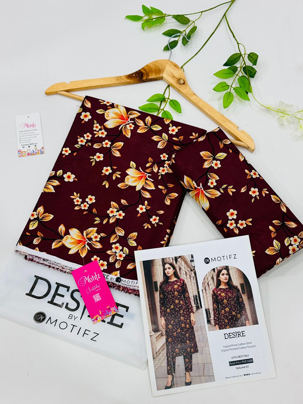 Desire by Motifz Cotton 2PC Unstitched Suit – Premium Summer Collection with Printed Shirt and Plain Cotton Trouser