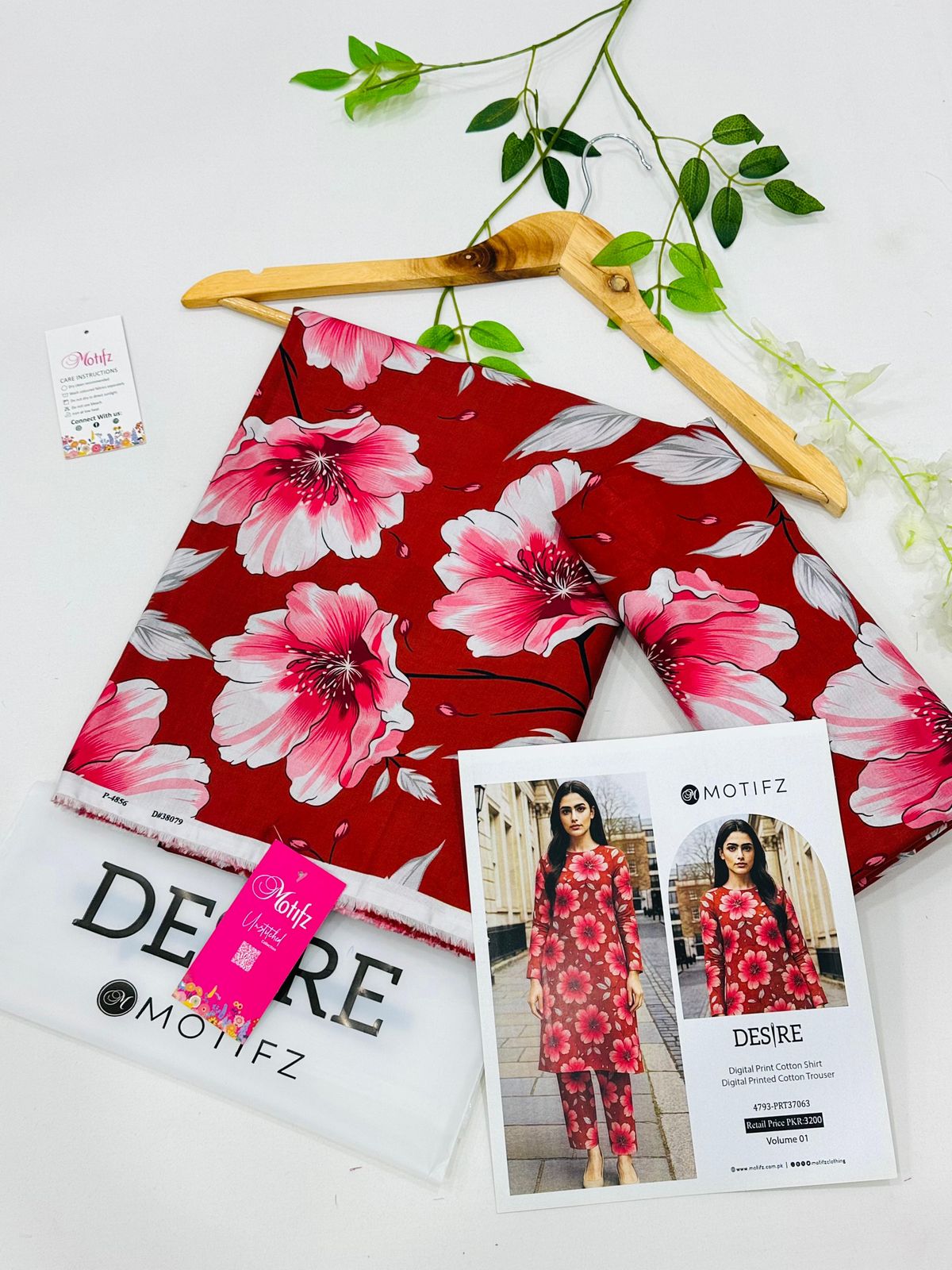 Desire by Motifz Cotton 2PC Unstitched Suit – Premium Summer Collection with Printed Shirt and Plain Cotton Trouser