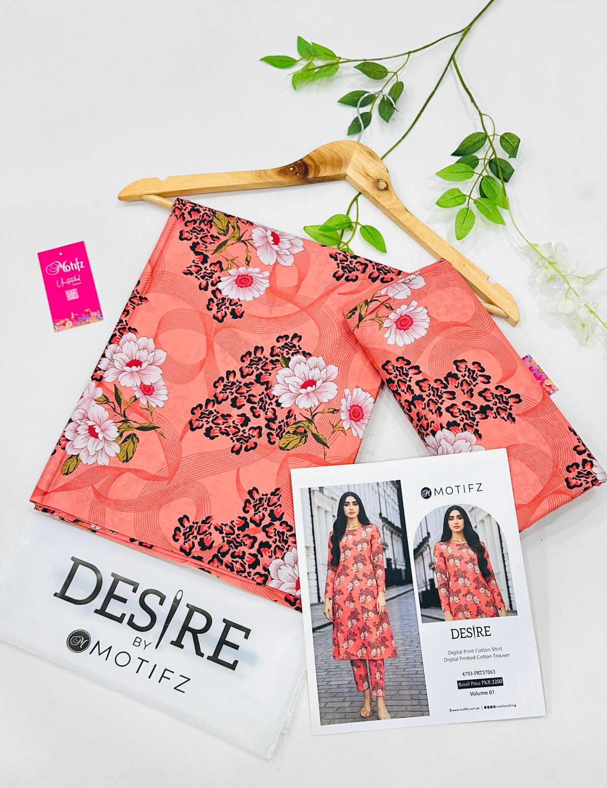 Desire by Motifz Cotton 2PC Unstitched Suit – Premium Summer Collection with Printed Shirt and Plain Cotton Trouser
