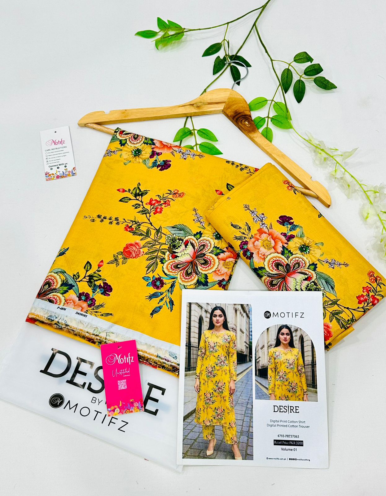 Desire by Motifz Cotton 2PC Unstitched Suit – Premium Summer Collection with Printed Shirt and Plain Cotton Trouser