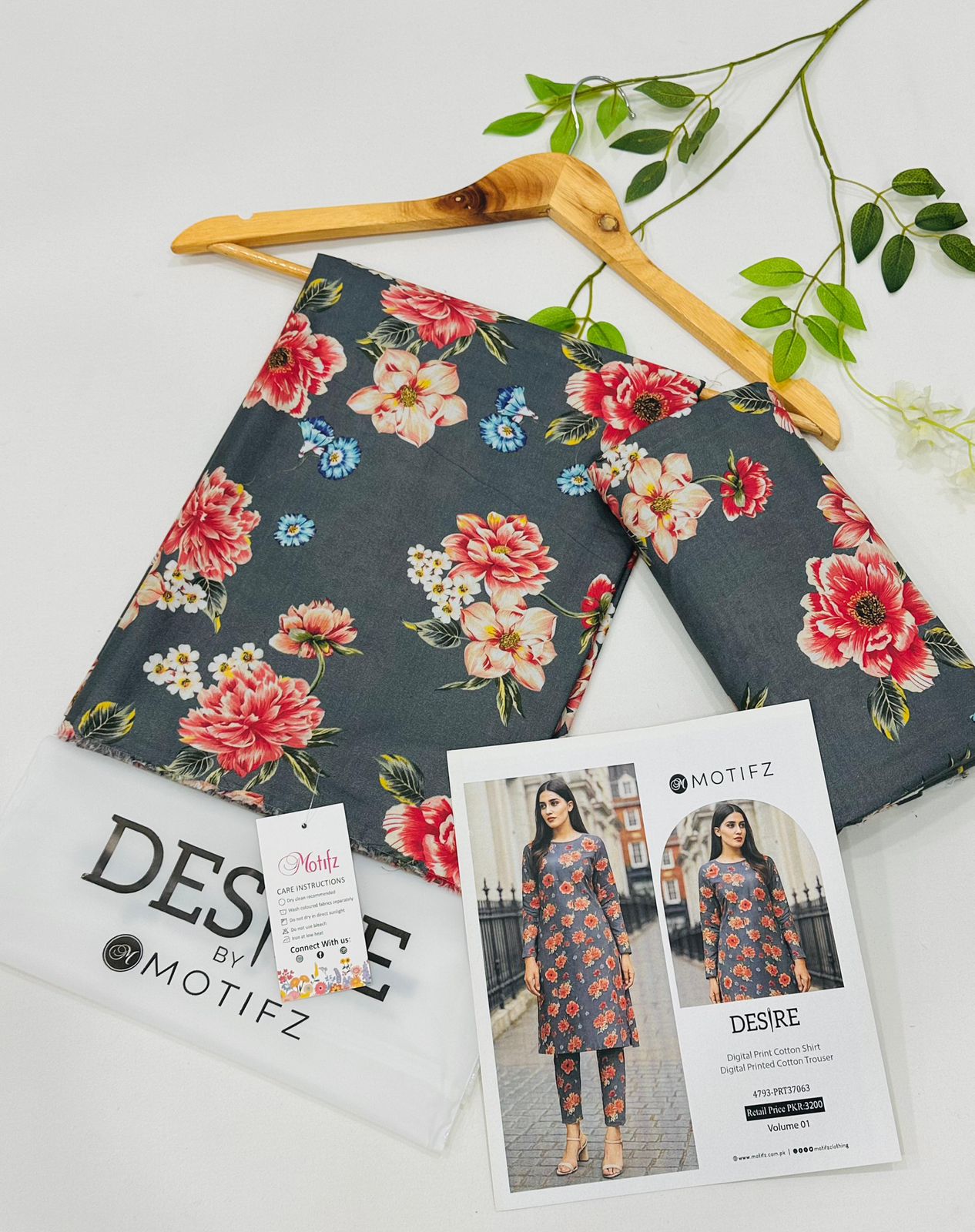 Desire by Motifz Cotton 2PC Unstitched Suit – Premium Summer Collection with Printed Shirt and Plain Cotton Trouser