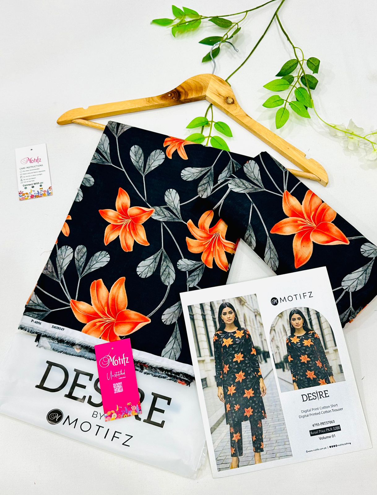Desire by Motifz Cotton 2PC Unstitched Suit – Premium Summer Collection with Printed Shirt and Plain Cotton Trouser