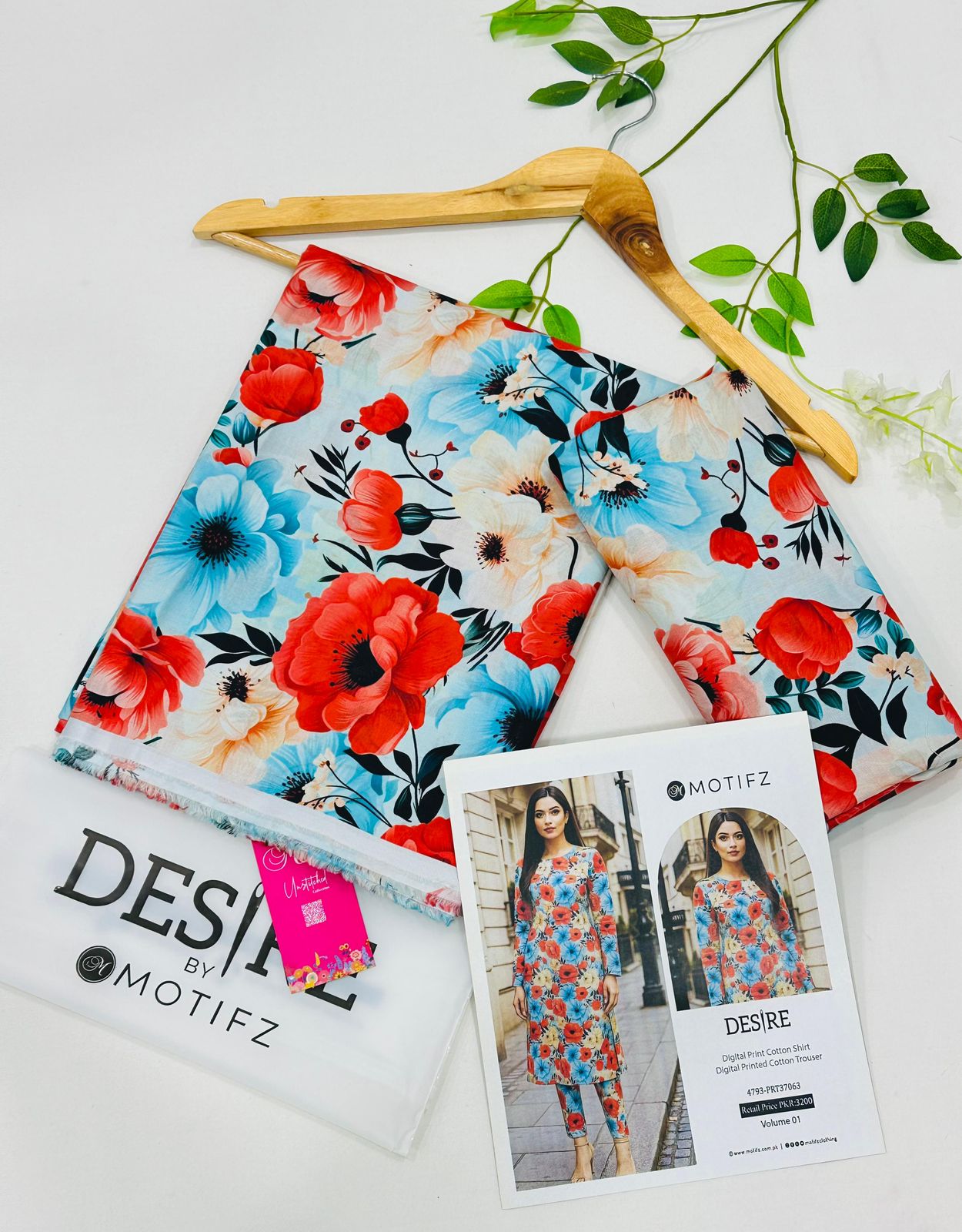 Desire by Motifz Cotton 2PC Unstitched Suit – Premium Summer Collection with Printed Shirt and Plain Cotton Trouser