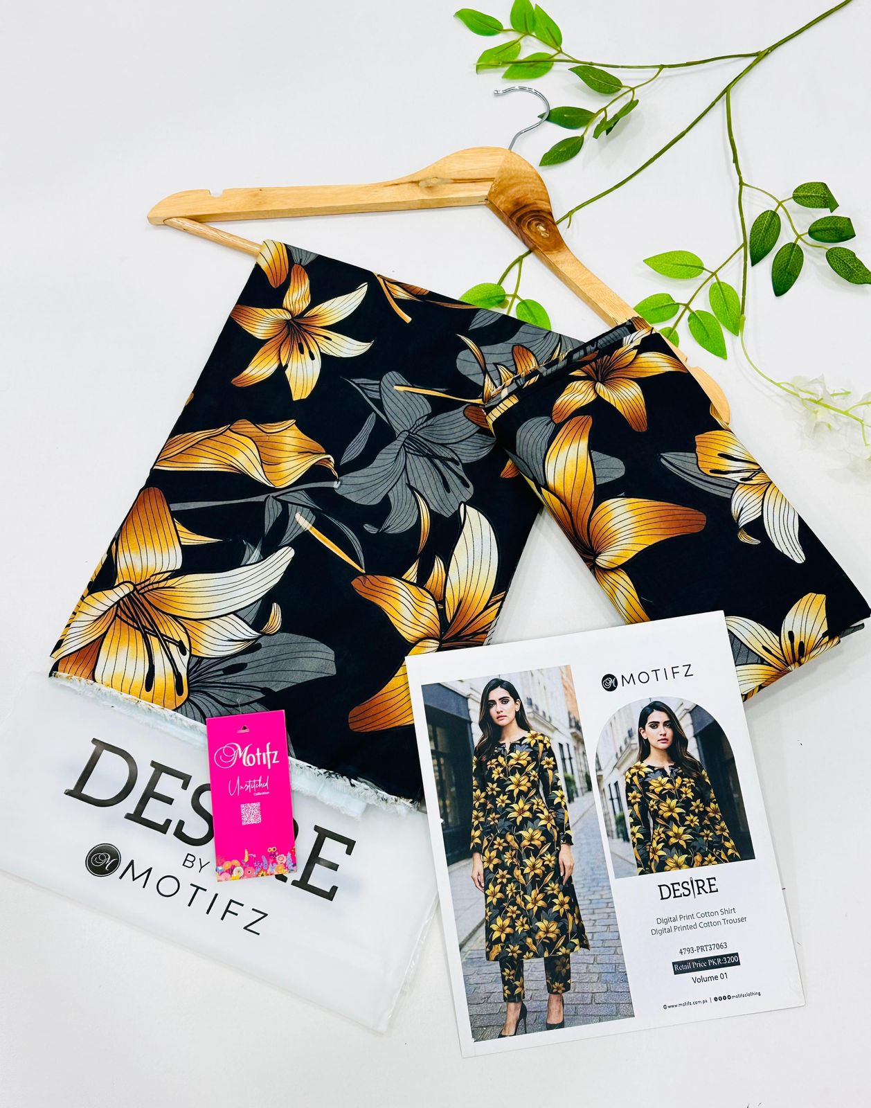 Desire by Motifz Cotton 2PC Unstitched Suit – Premium Summer Collection with Printed Shirt and Plain Cotton Trouser