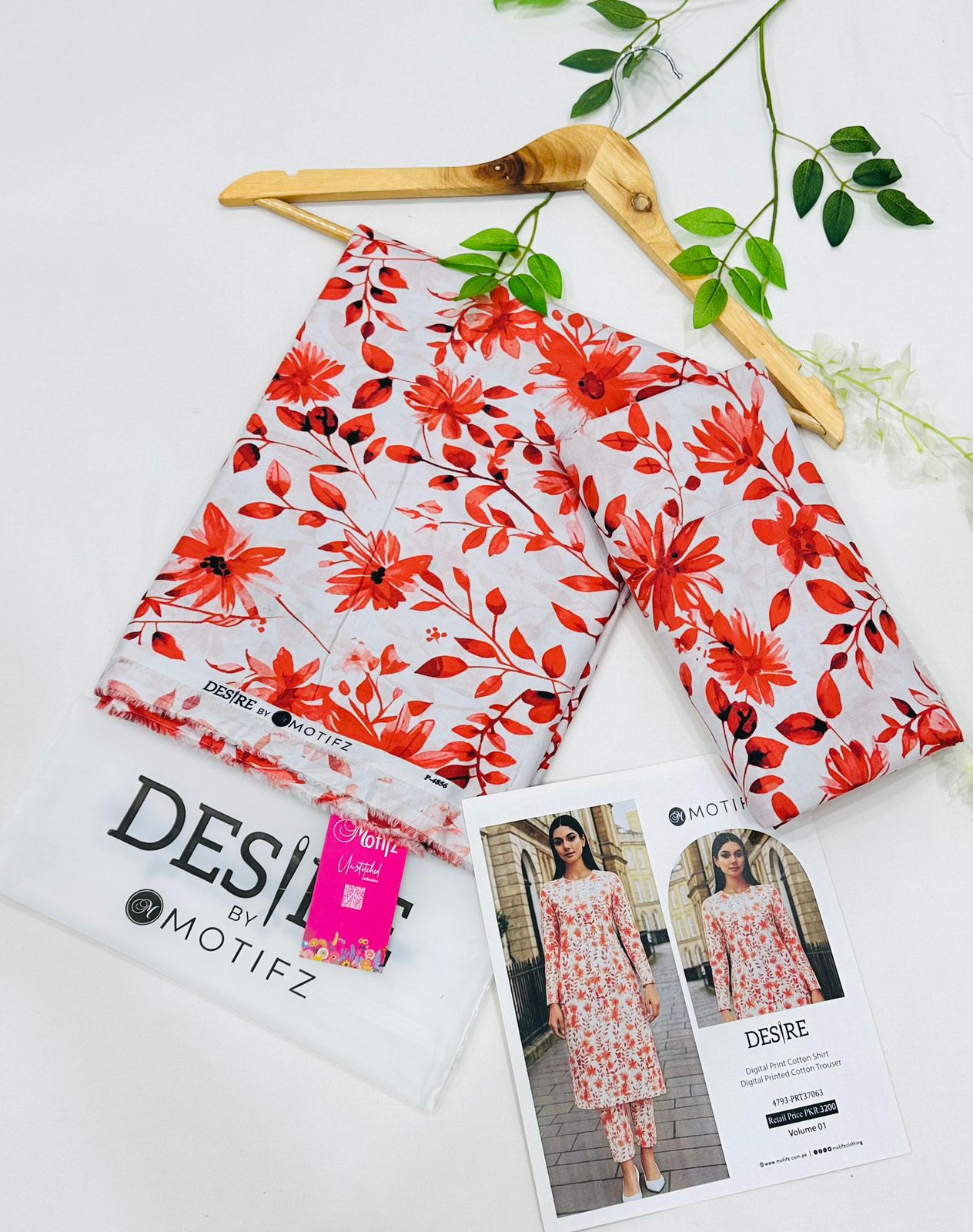 Desire by Motifz Cotton 2PC Unstitched Suit – Premium Summer Collection with Printed Shirt and Plain Cotton Trouser