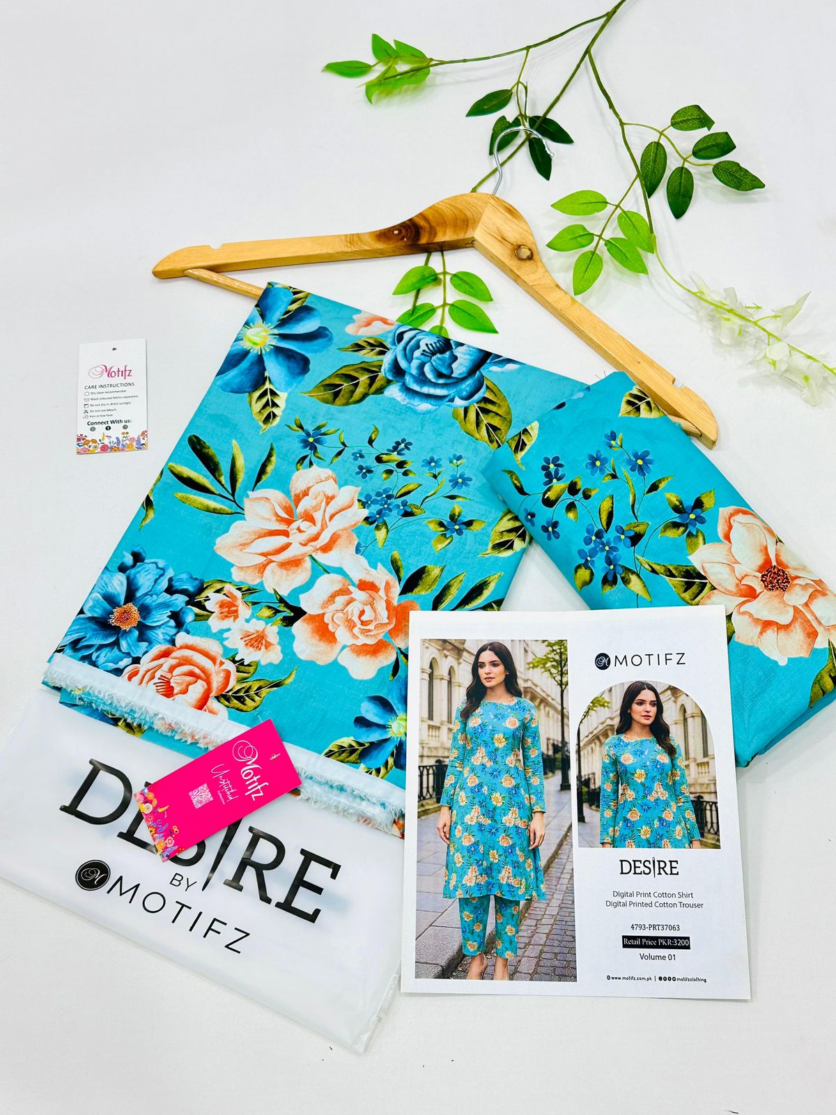 Desire by Motifz Cotton 2PC Unstitched Suit – Premium Summer Collection with Printed Shirt and Plain Cotton Trouser