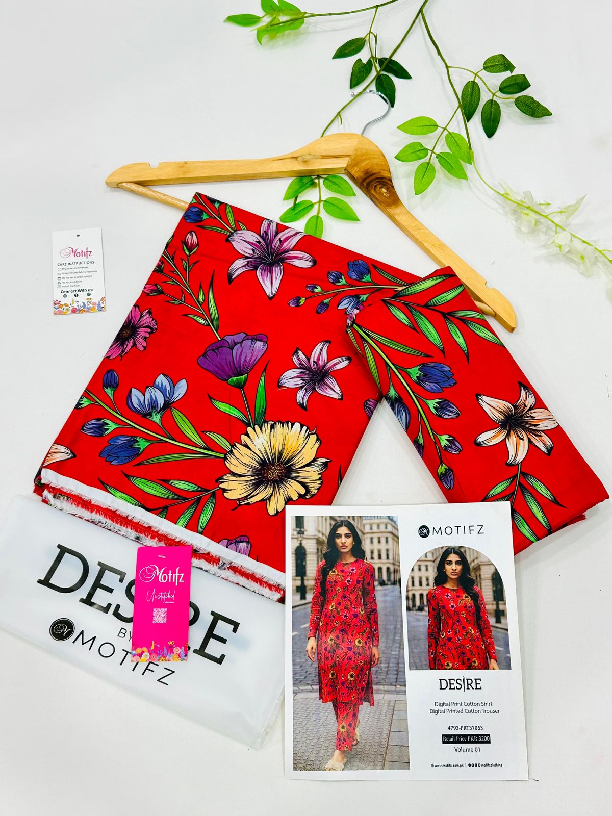 Desire by Motifz Cotton 2PC Unstitched Suit – Premium Summer Collection with Printed Shirt and Plain Cotton Trouser