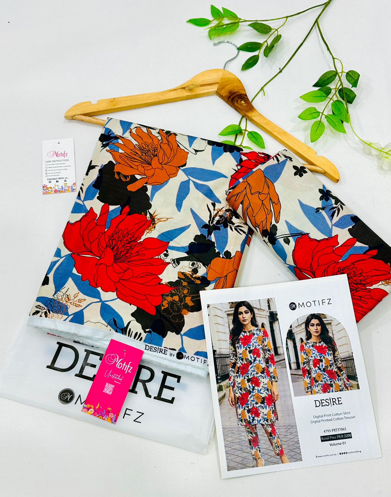 Desire by Motifz Cotton 2PC Unstitched Suit – Premium Summer Collection with Printed Shirt and Plain Cotton Trouser