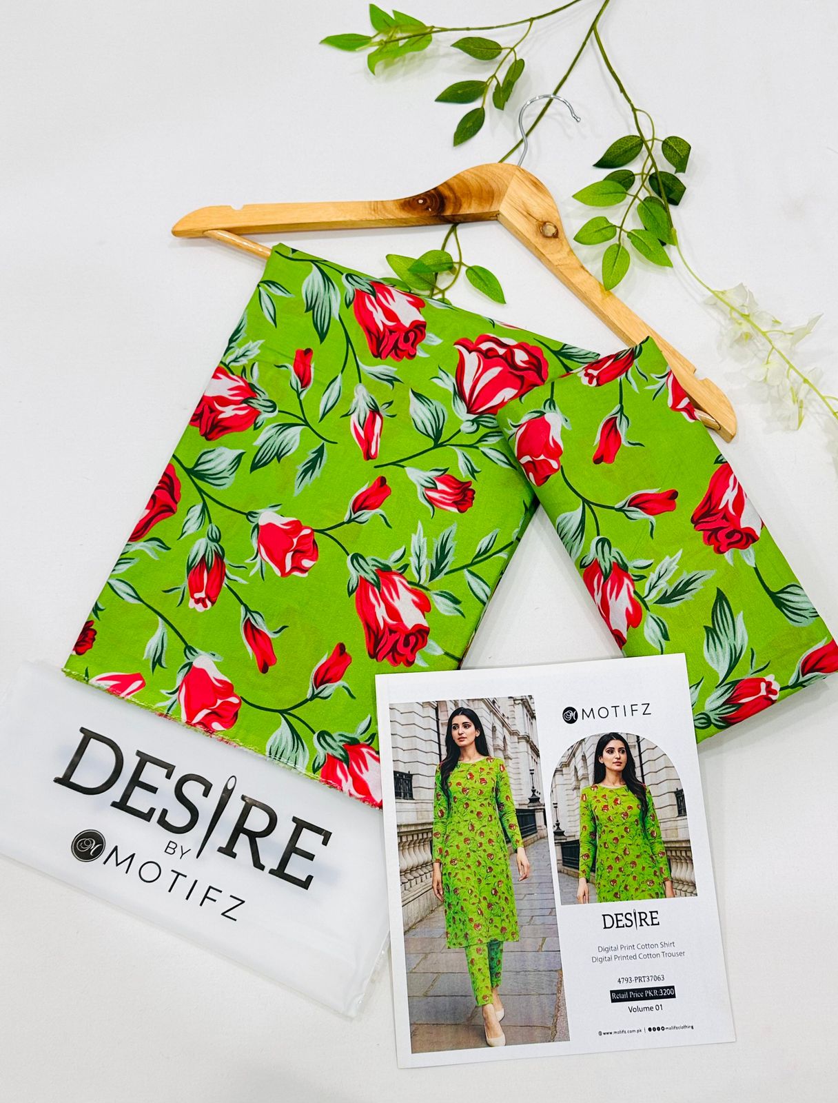 Desire by Motifz Cotton 2PC Unstitched Suit – Premium Summer Collection with Printed Shirt and Plain Cotton Trouser