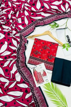 Gul Ahmed linen 3-piece unstitched suit with printed linen shirt, plain trouser and matching printed dupatta.