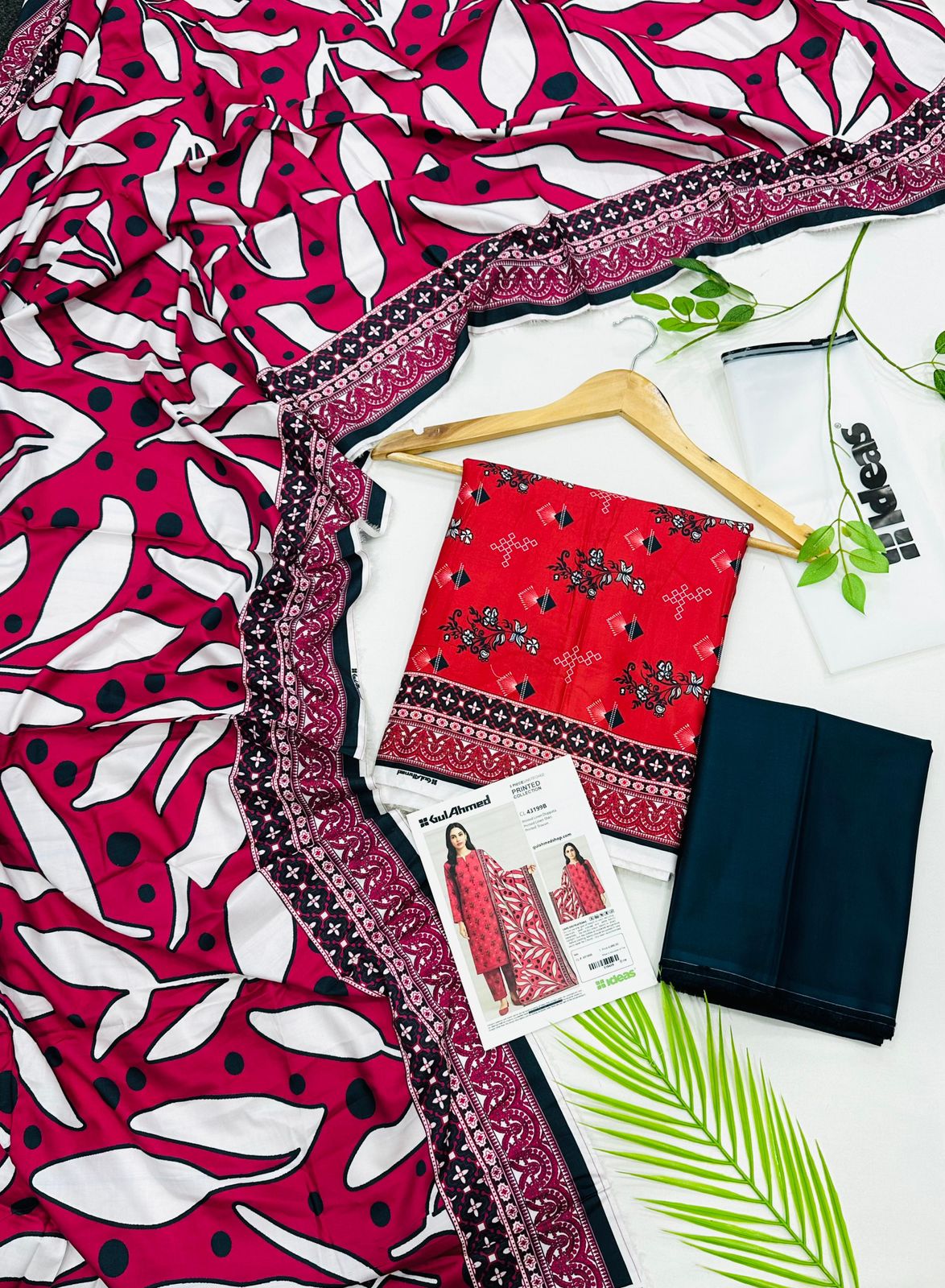 Gul Ahmed linen 3-piece unstitched suit with printed linen shirt, plain trouser and matching printed dupatta.