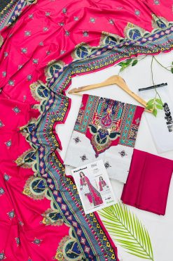 Gul Ahmed linen 3-piece unstitched suit with printed linen shirt, plain trouser and matching printed dupatta.