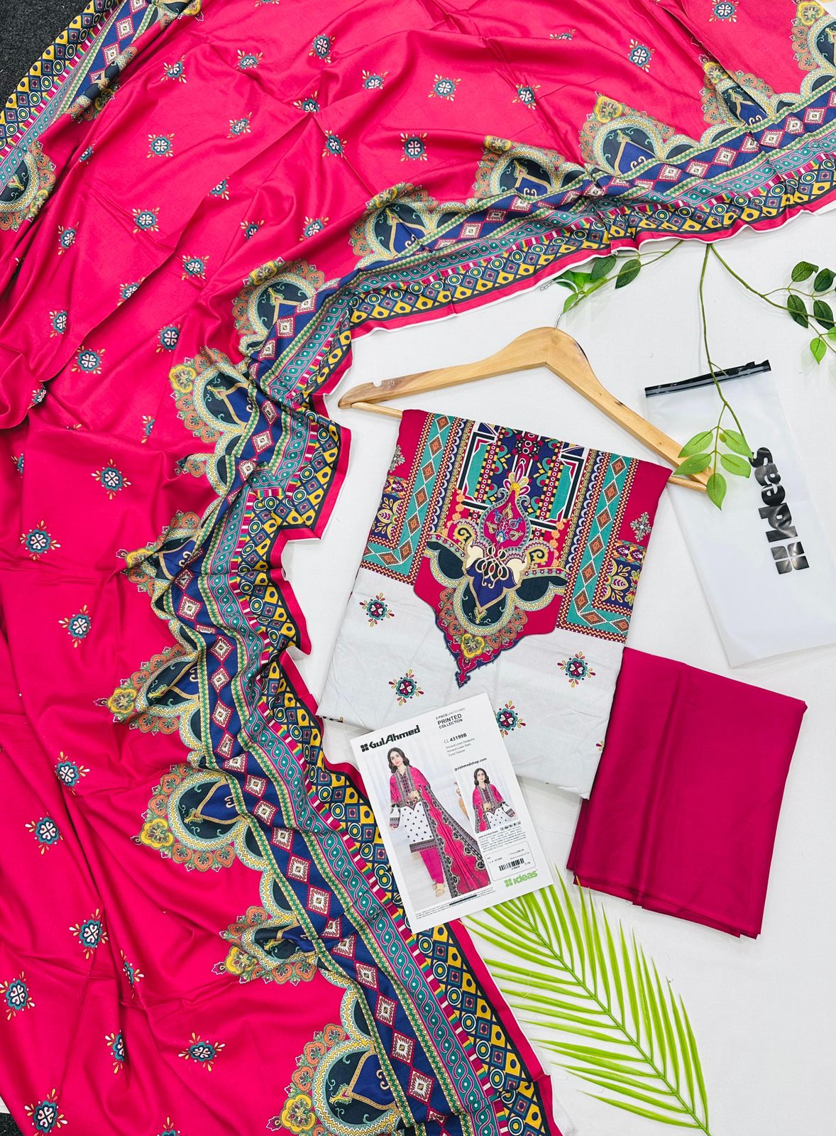 Gul Ahmed linen 3-piece unstitched suit with printed linen shirt, plain trouser and matching printed dupatta.