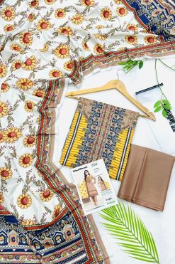 Gul Ahmed linen 3-piece unstitched suit with printed linen shirt, plain trouser and matching printed dupatta.