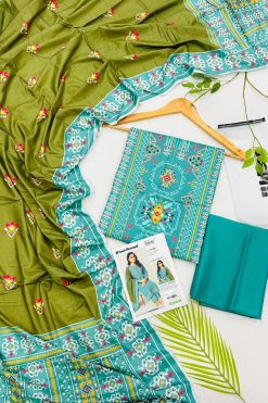 Gul Ahmed linen 3-piece unstitched suit with printed linen shirt, plain trouser and matching printed dupatta.