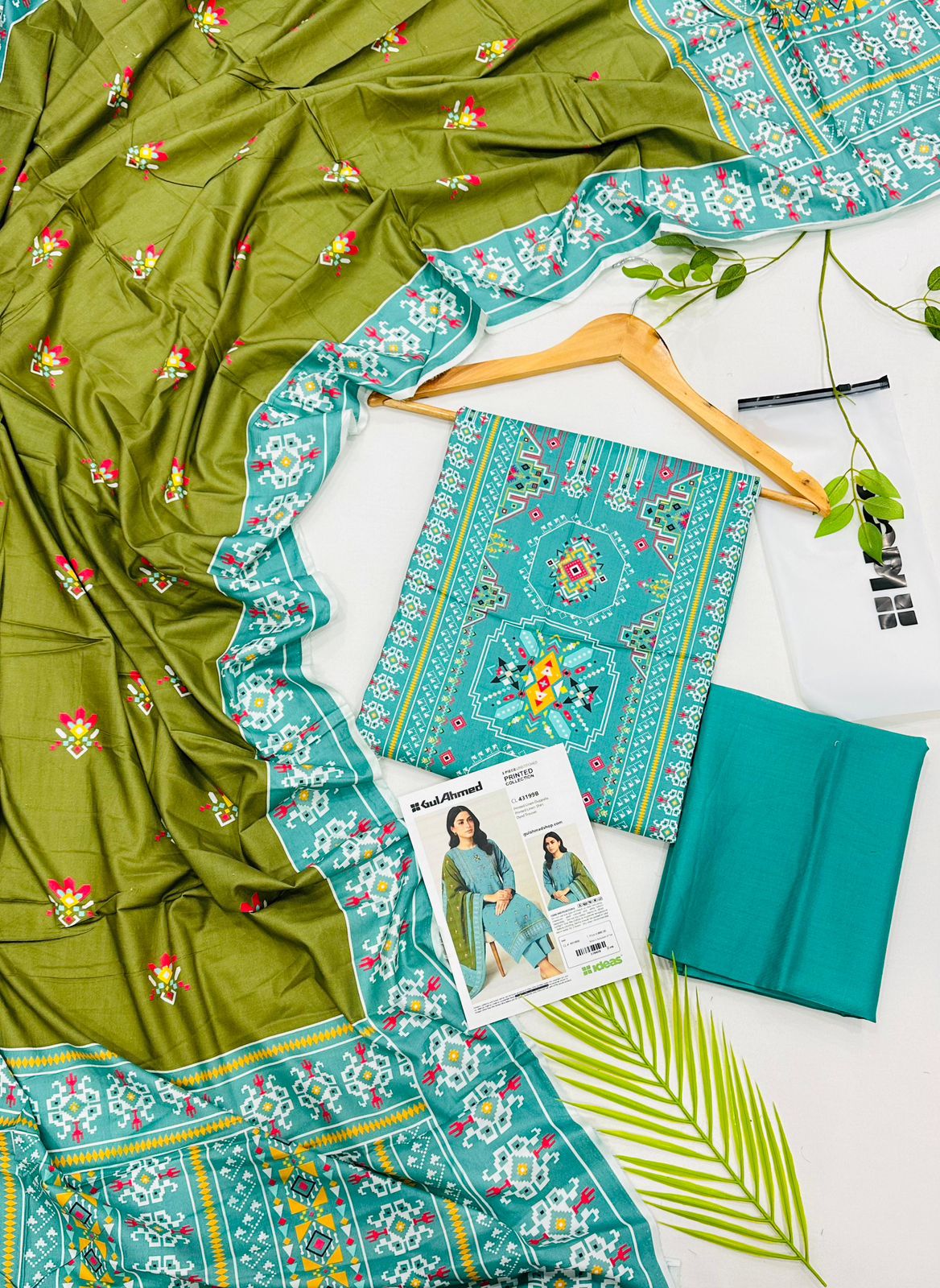 Gul Ahmed linen 3-piece unstitched suit with printed linen shirt, plain trouser and matching printed dupatta.
