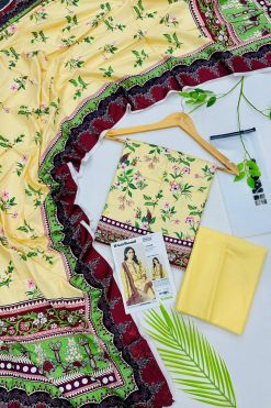 Gul Ahmed linen 3-piece unstitched suit with printed linen shirt, plain trouser and matching printed dupatta.