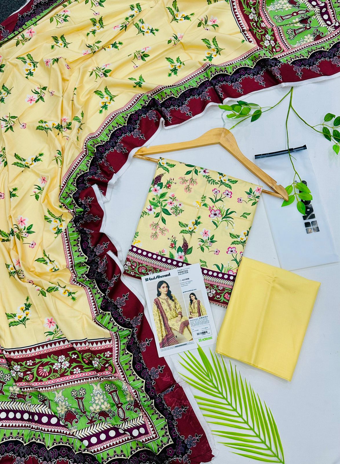 Gul Ahmed linen 3-piece unstitched suit with printed linen shirt, plain trouser and matching printed dupatta.