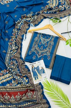 Gul Ahmed linen 3-piece unstitched suit with printed linen shirt, plain trouser and matching printed dupatta.