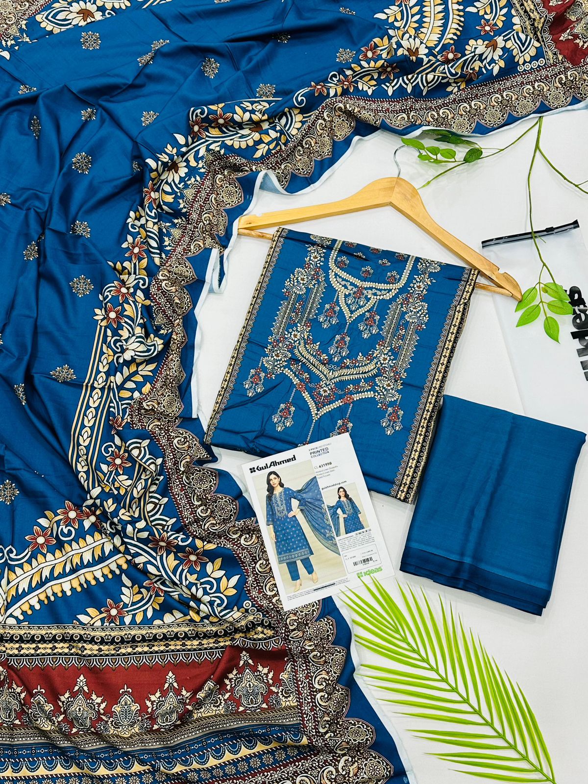 Gul Ahmed linen 3-piece unstitched suit with printed linen shirt, plain trouser and matching printed dupatta.