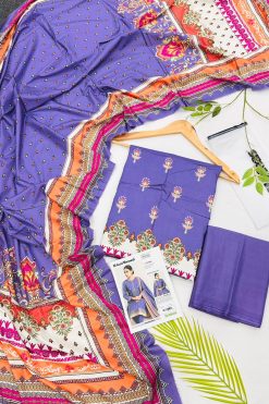 Gul Ahmed linen 3-piece unstitched suit with printed linen shirt, plain trouser and matching printed dupatta.