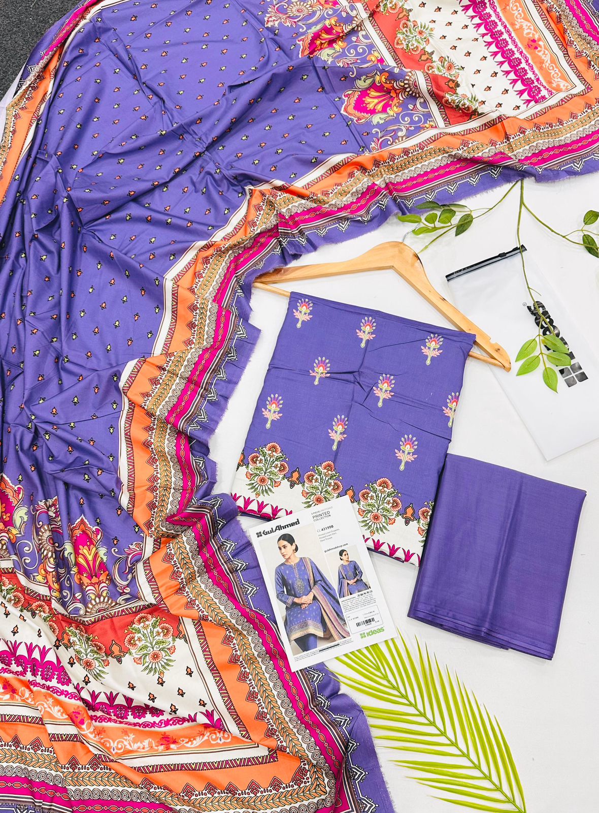 Gul Ahmed linen 3-piece unstitched suit with printed linen shirt, plain trouser and matching printed dupatta.