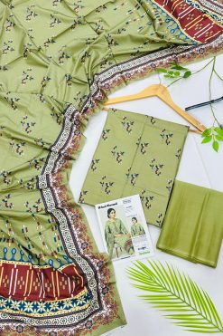 Gul Ahmed linen 3-piece unstitched suit with printed linen shirt, plain trouser and matching printed dupatta.