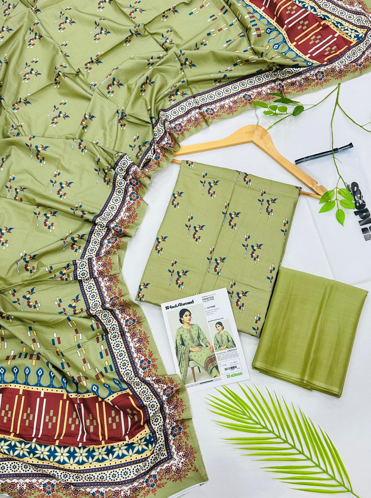 Gul Ahmed linen 3-piece unstitched suit with printed linen shirt, plain trouser and matching printed dupatta.