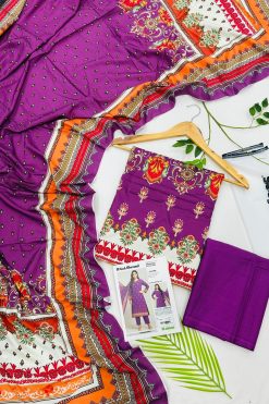 Gul Ahmed linen 3-piece unstitched suit with printed linen shirt, plain trouser and matching printed dupatta.