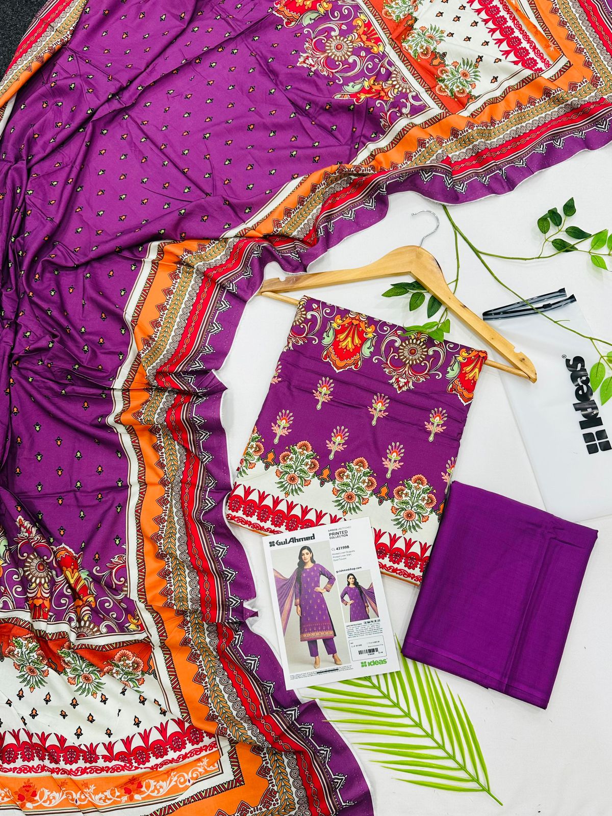 Gul Ahmed linen 3-piece unstitched suit with printed linen shirt, plain trouser and matching printed dupatta.