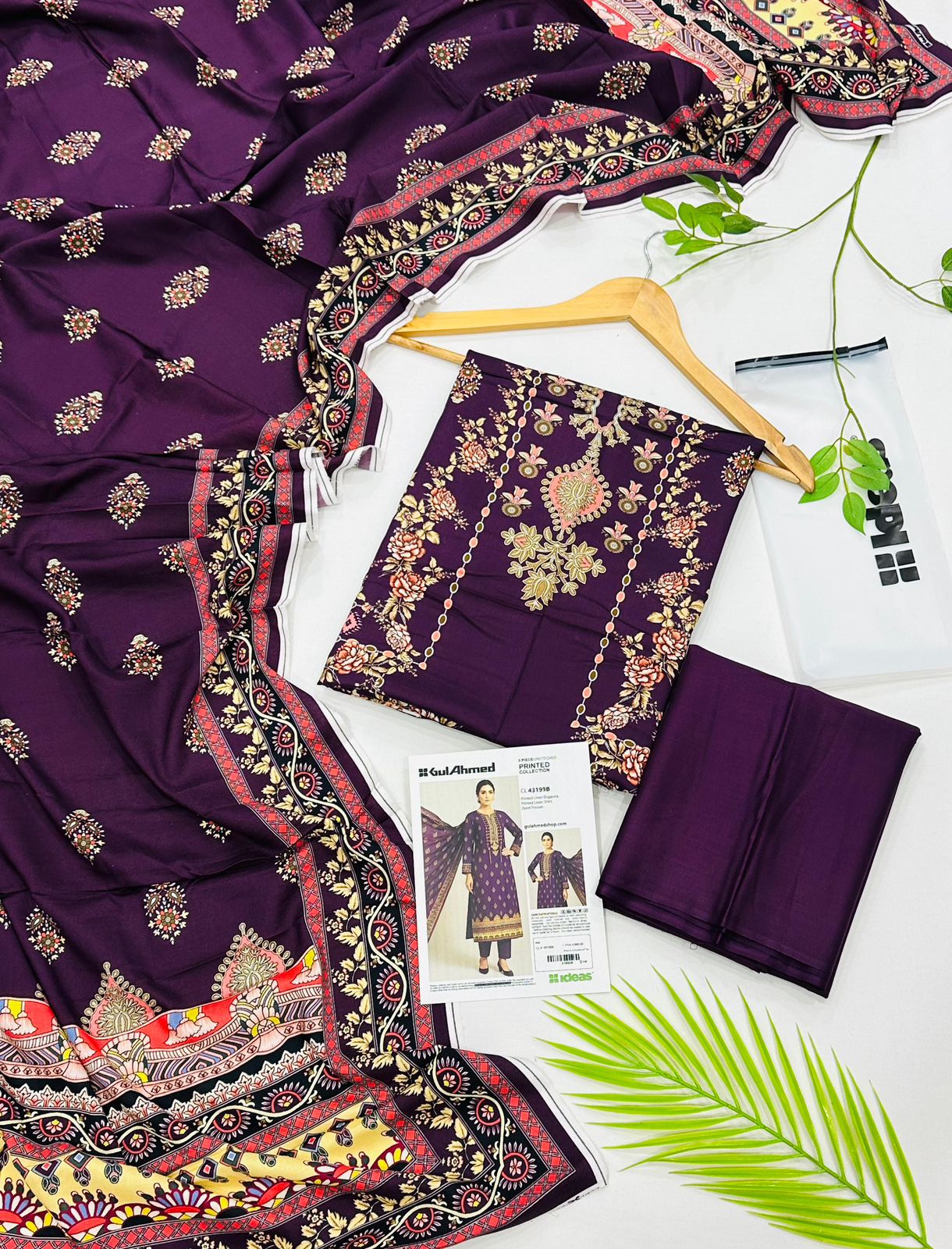 Gul Ahmed linen 3-piece unstitched suit with printed linen shirt, plain trouser and matching printed dupatta.