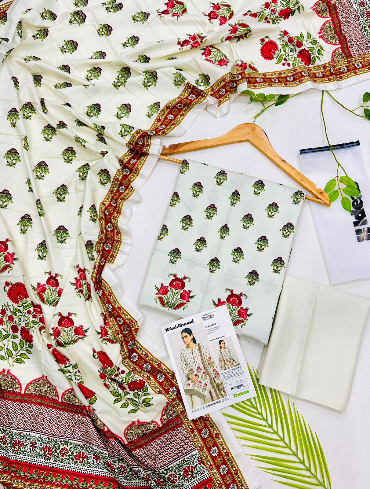 Gul Ahmed linen 3-piece unstitched suit with printed linen shirt, plain trouser and matching printed dupatta.