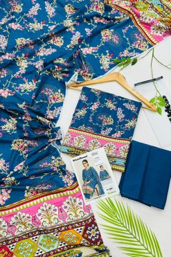 Gul Ahmed linen 3-piece unstitched suit with printed linen shirt, plain trouser and matching printed dupatta.