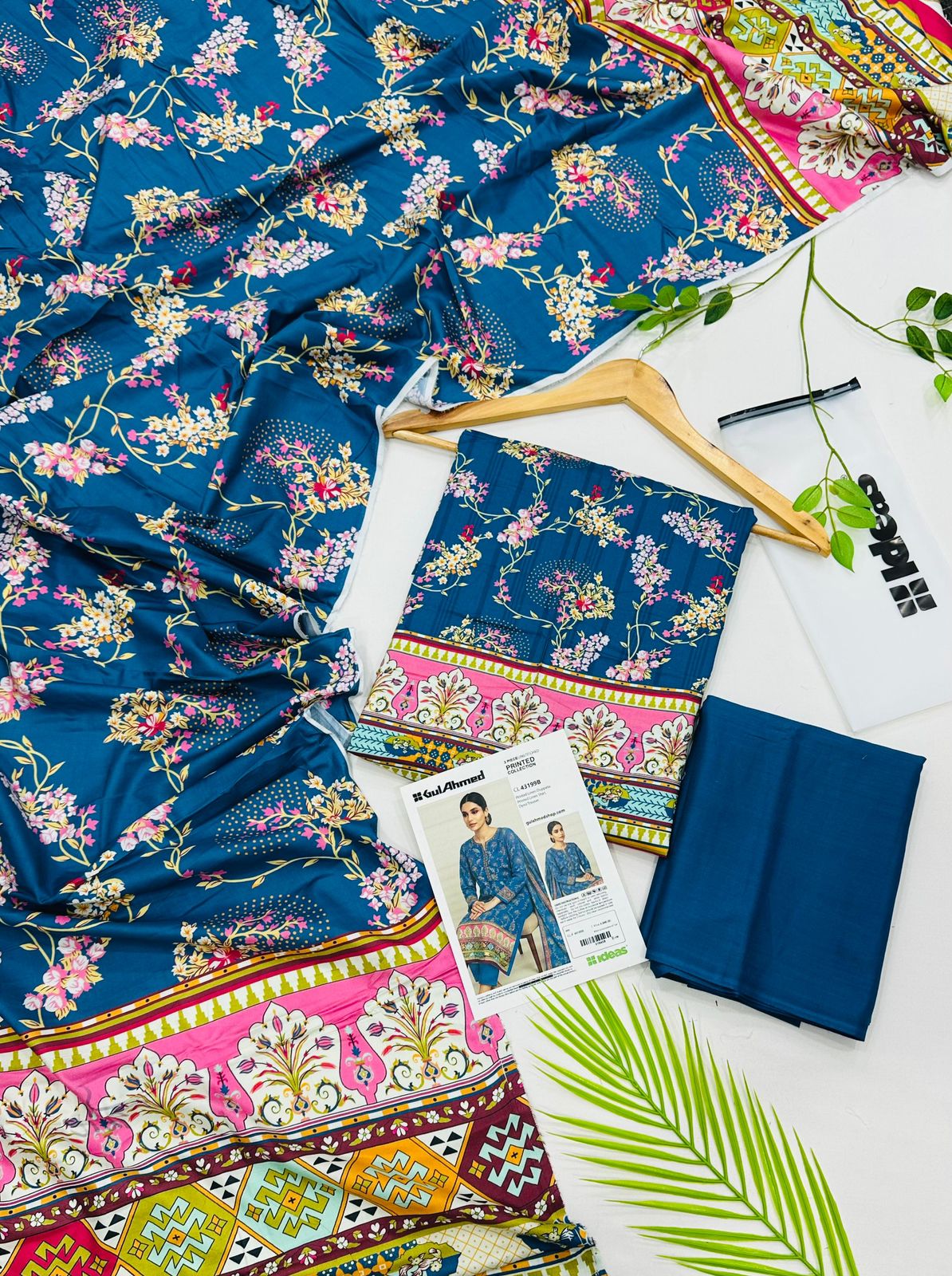 Gul Ahmed linen 3-piece unstitched suit with printed linen shirt, plain trouser and matching printed dupatta.