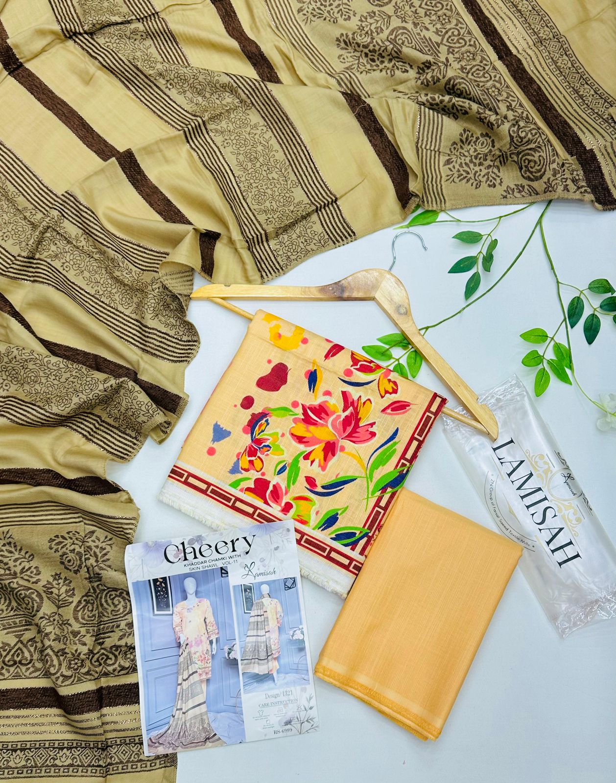 Cheery Khaddar Chamki Shawl 3PC Unstitched Winter Suit with embroidered khaddar shirt, plain trouser, and matching shawl